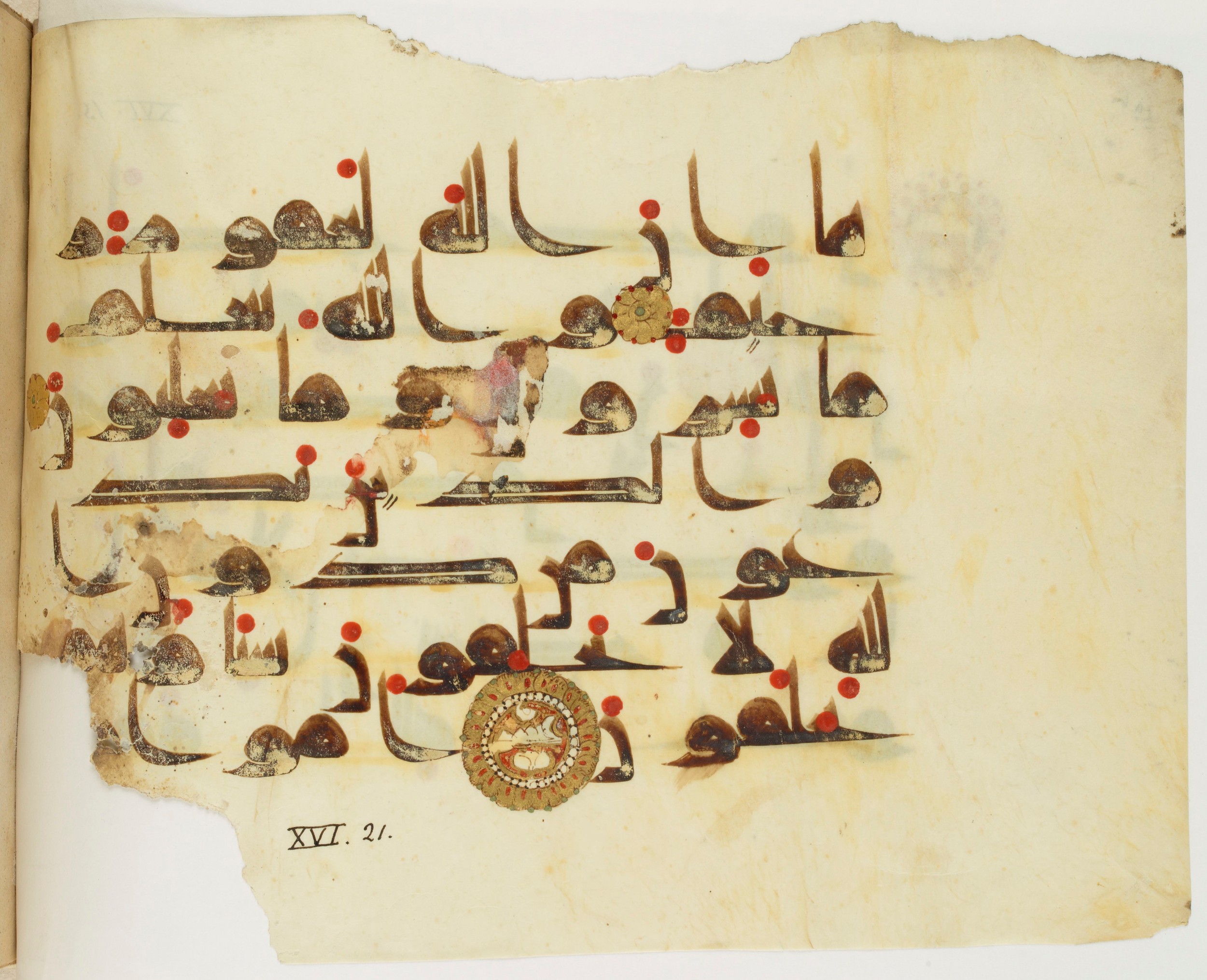 Paris, Bibliothèque nationale de France, Arabe 325 (j) (Scan 1), in Kūfī D.III script, showing Surah 16:21 from Mid 8th to Late 9th Century AD found in Fustat (Old Cairo), Egypt, currently housed at Bibliothèque nationale de France, Paris